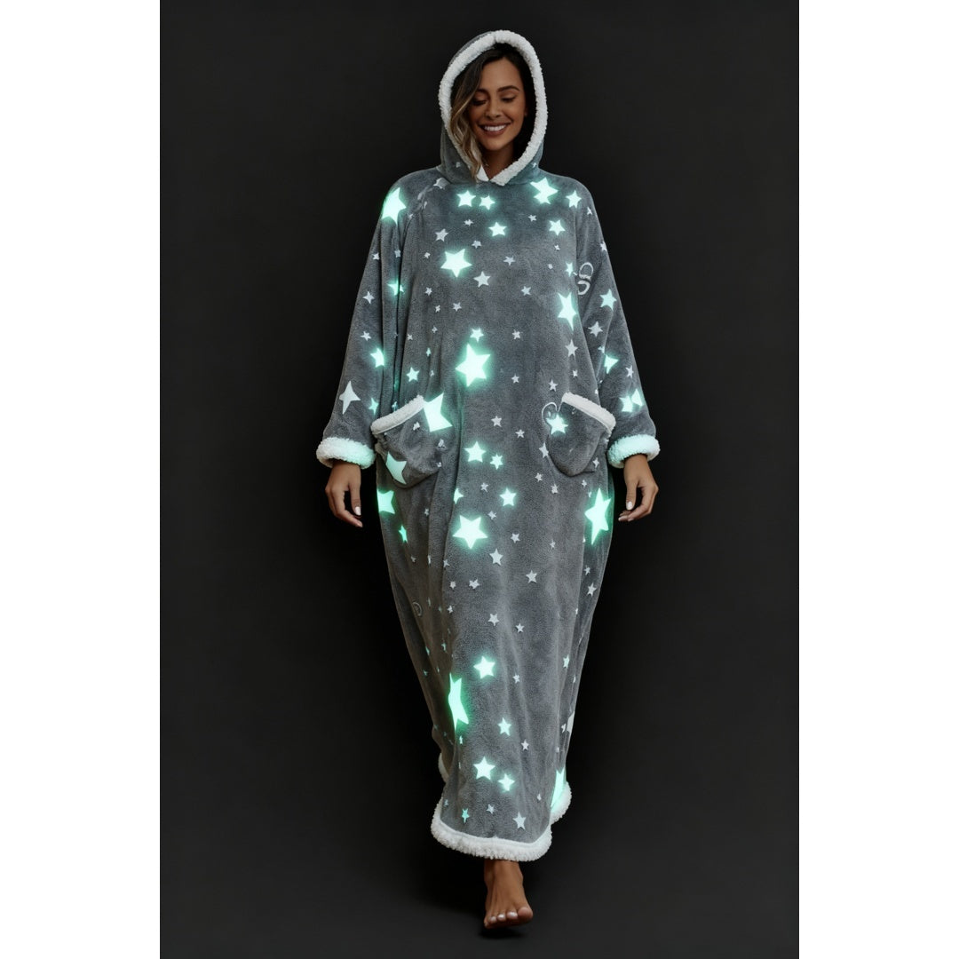 Oversized Wearable Hooded Blanket With Print Glow In The Dark Long Size-59in Sherpa Warm Sweatshirt For Women