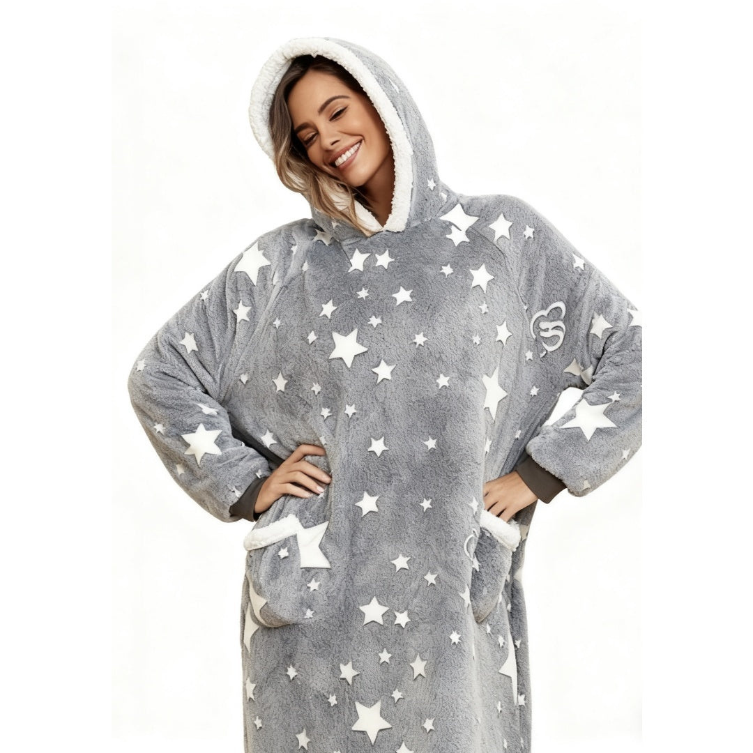 Oversized Wearable Hooded Blanket With Print Glow In The Dark Long Size-59in Sherpa Warm Sweatshirt For Women