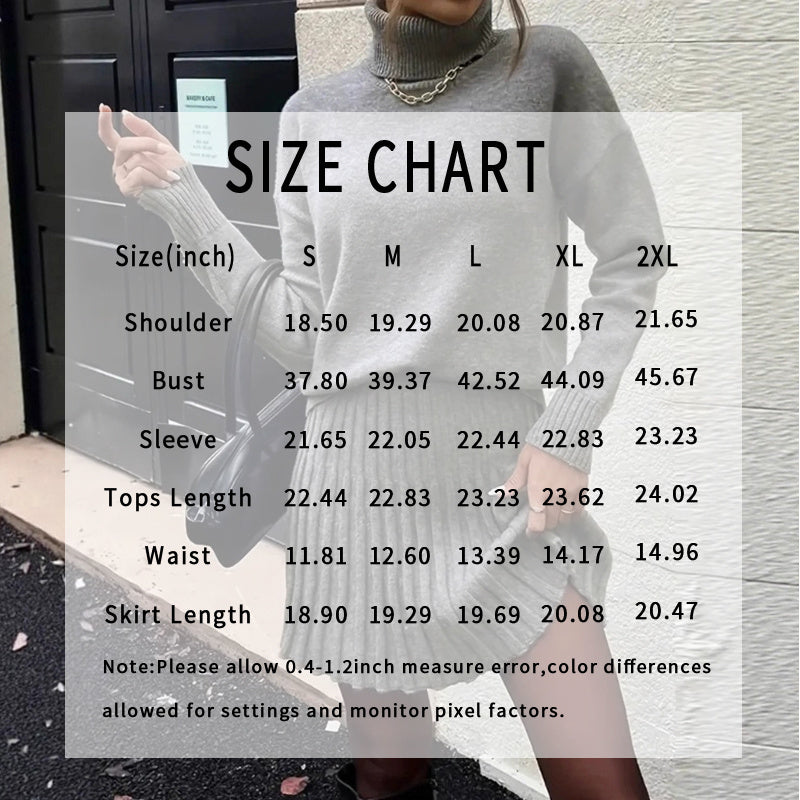Ribbed Knit Two Piece Set, Long Sleeve Turtleneck Pullover And Mini Skirt Outfit
