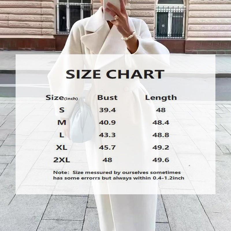 Women's Classic Winter Long Coat, Double-Breasted Belted Trench With Wide Lapel, Solid Color Oversized Overcoat For Casual Style