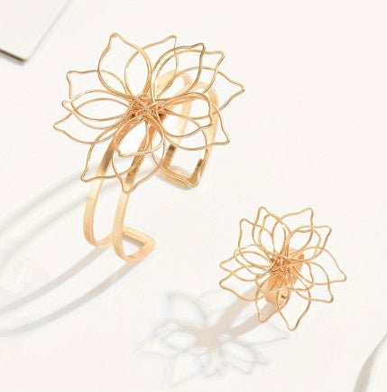 Elegant Geometric Lattice Flower Ring, Double-Layer Smooth Open Adjustable Bracelet With Inlaid Lattice Line Flower Bracelet, Suitable For Everyday, Wedding Party