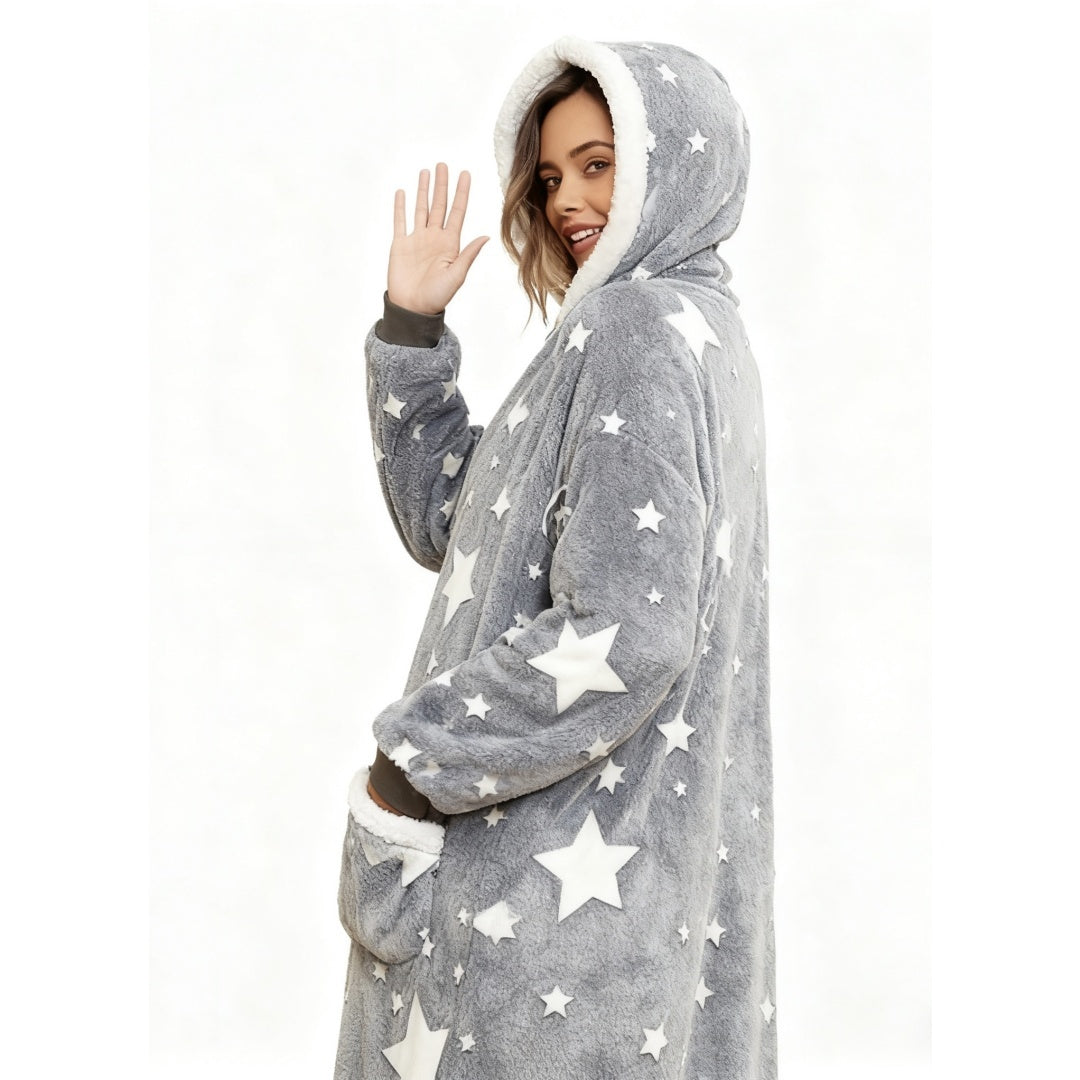 Oversized Wearable Hooded Blanket With Print Glow In The Dark Long Size-59in Sherpa Warm Sweatshirt For Women