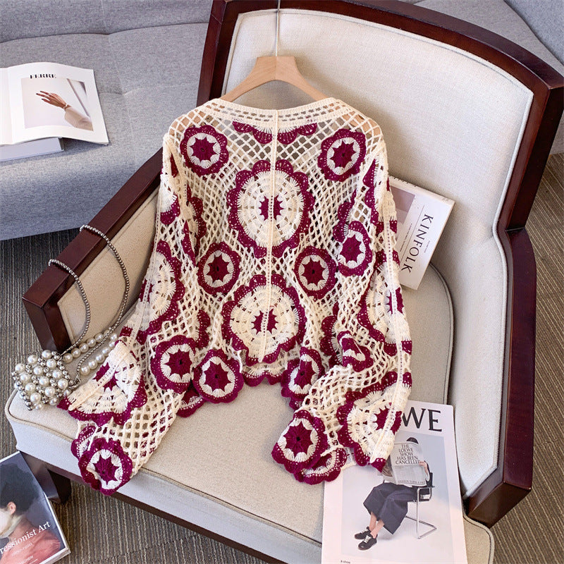 Women's Crochet Lace Yoke Sweater, Geometric Pattern Long Sleeve Pullover With Eyelet Embroidered Trim