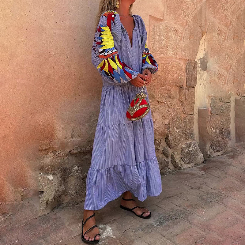 Women's Stripe Maxi Dress, V Neck Puff Long Sleeve With Tiered Ruffle Hem Swing Dress