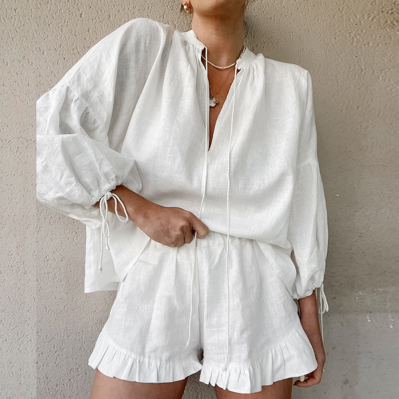Women's Solid Color 2-Piece Set V-Neck Tie Long Sleeve Top With Short Ruffle Hem & Elastic Waist Shorts Casual Elegant Outfit