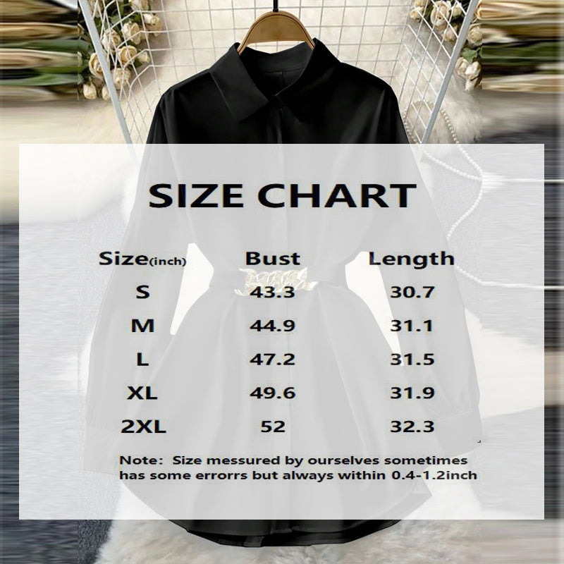 Women's Elegant Lapel Button-Down Top With Adjustable Metal Waist Belt Solid Color Loose Fit Blouse For Casual & Office Wear