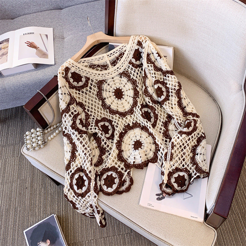 Women's Crochet Lace Yoke Sweater, Geometric Pattern Long Sleeve Pullover With Eyelet Embroidered Trim