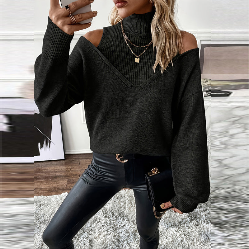 Women's Elegant Off-Shoulder Turtleneck Sweater, Solid Color Long Sleeve Knit Top For Autumn & Winter