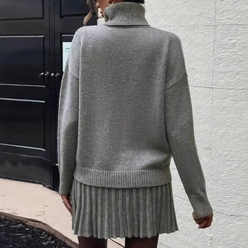 Ribbed Knit Two Piece Set, Long Sleeve Turtleneck Pullover And Mini Skirt Outfit