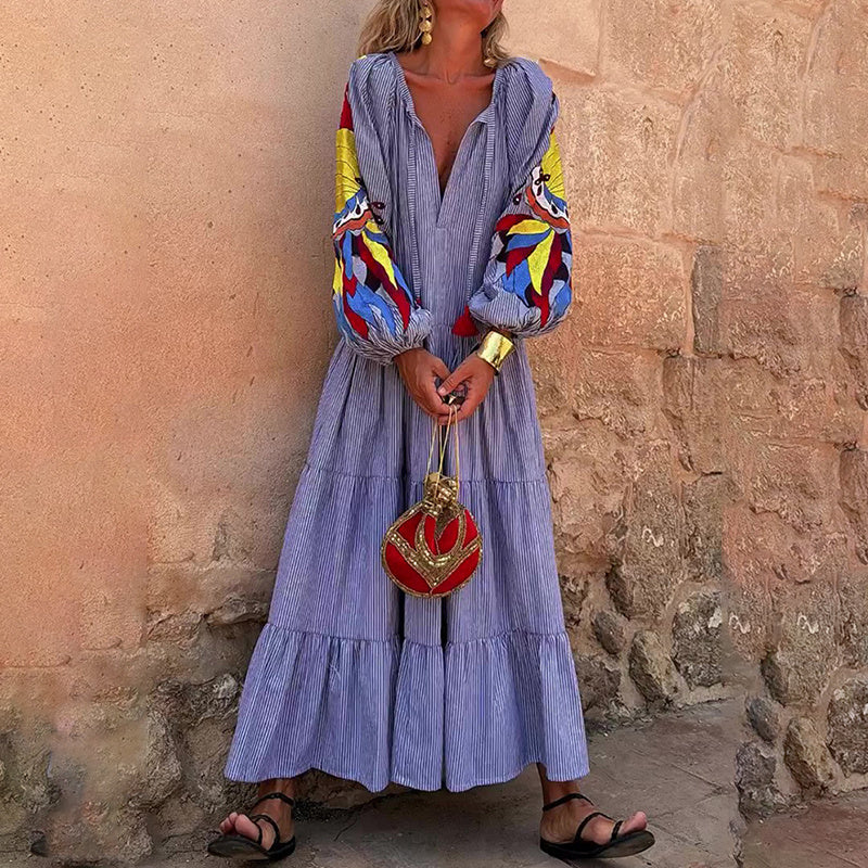 Women's Stripe Maxi Dress, V Neck Puff Long Sleeve With Tiered Ruffle Hem Swing Dress