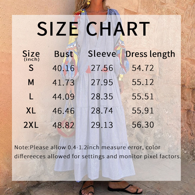 Women's Stripe Maxi Dress, V Neck Puff Long Sleeve With Tiered Ruffle Hem Swing Dress