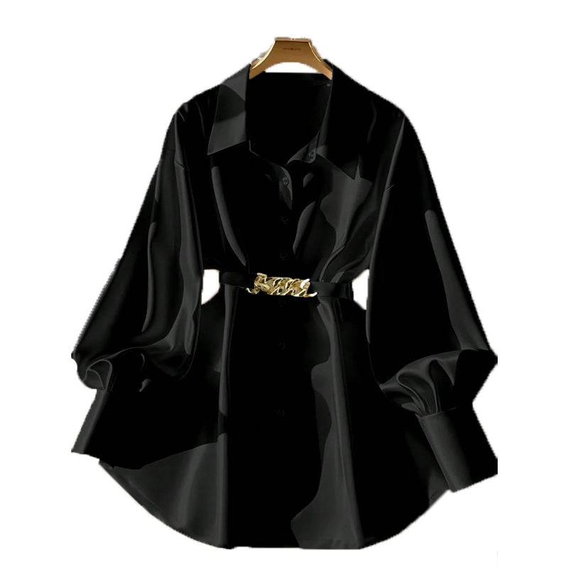 Women's Elegant Lapel Button-Down Top With Adjustable Metal Waist Belt Solid Color Loose Fit Blouse For Casual & Office Wear