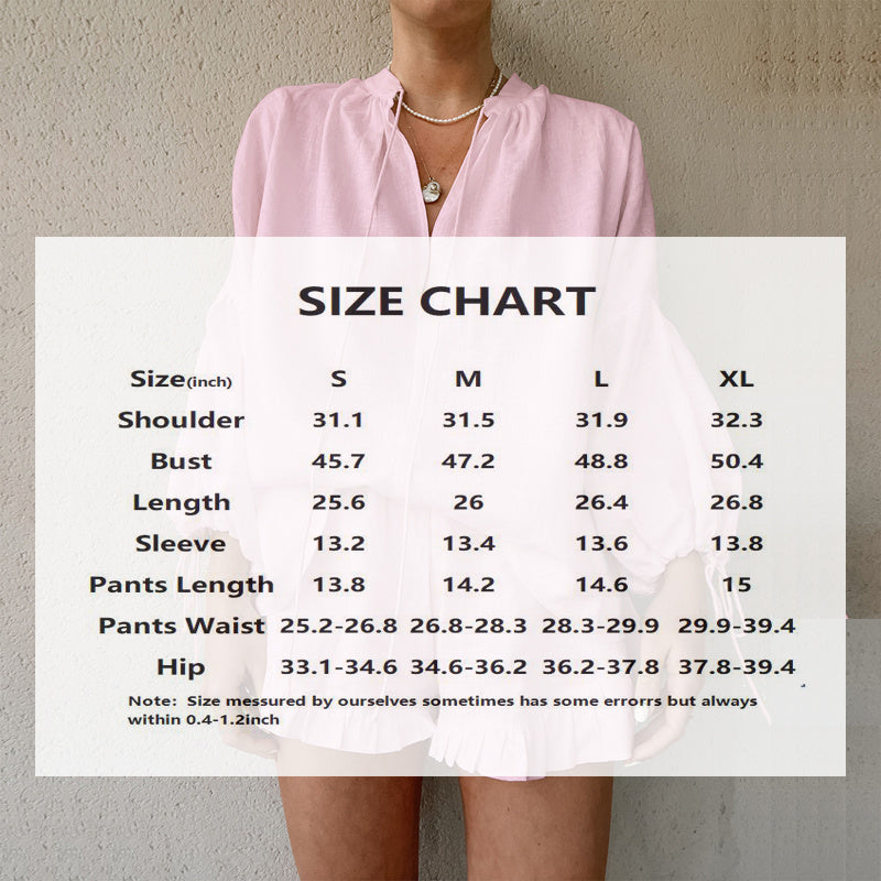 Women's Solid Color 2-Piece Set V-Neck Tie Long Sleeve Top With Short Ruffle Hem & Elastic Waist Shorts Casual Elegant Outfit