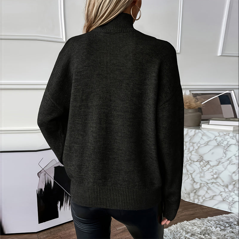 Women's Elegant Off-Shoulder Turtleneck Sweater, Solid Color Long Sleeve Knit Top For Autumn & Winter