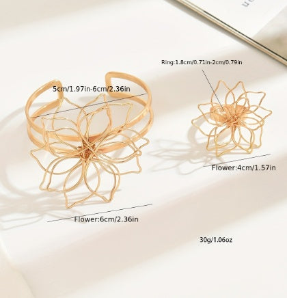 Elegant Geometric Lattice Flower Ring, Double-Layer Smooth Open Adjustable Bracelet With Inlaid Lattice Line Flower Bracelet, Suitable For Everyday, Wedding Party
