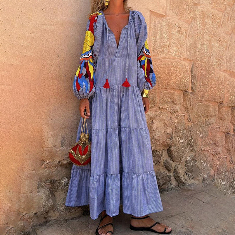 Women's Stripe Maxi Dress, V Neck Puff Long Sleeve With Tiered Ruffle Hem Swing Dress