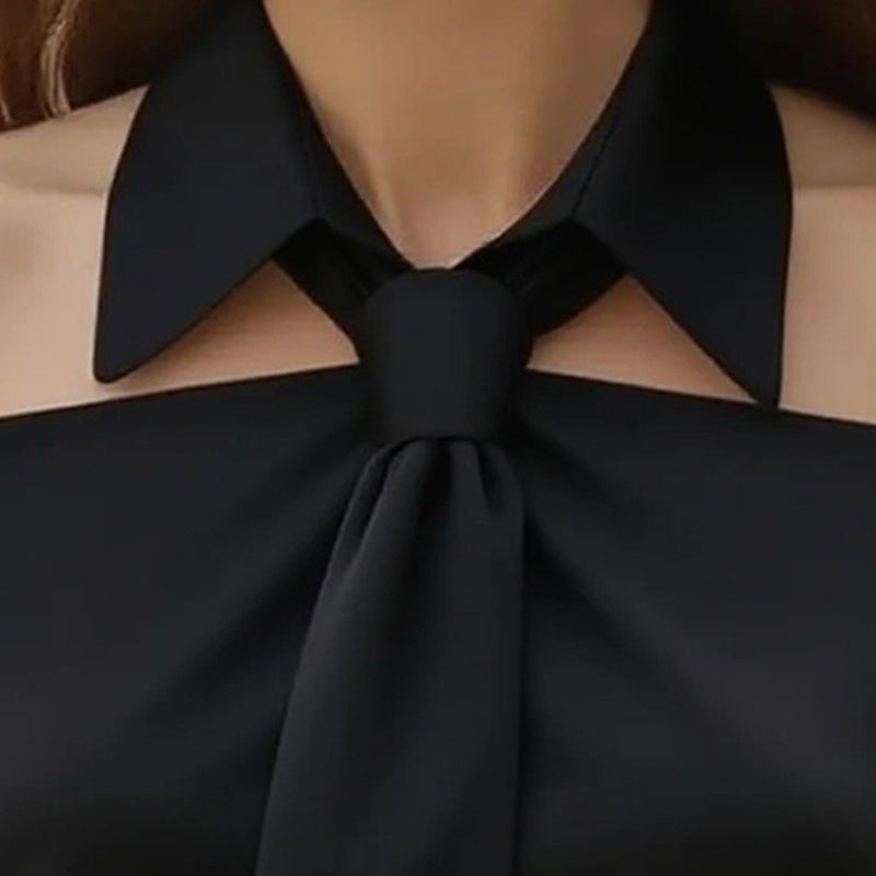 Women's Solid Color Long Sleeve Shirt With Tie And Lapel Collar, Casual & Elegant Blouse For Office And Formal Wear
