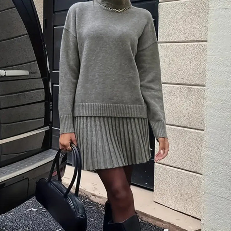 Ribbed Knit Two Piece Set, Long Sleeve Turtleneck Pullover And Mini Skirt Outfit