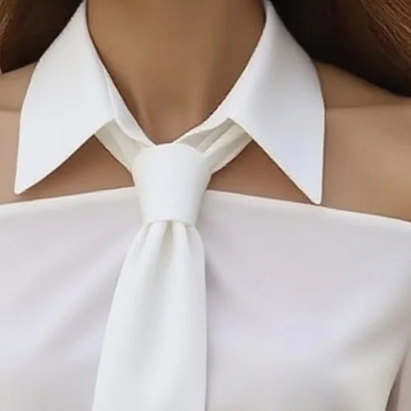 Women's Solid Color Long Sleeve Shirt With Tie And Lapel Collar, Casual & Elegant Blouse For Office And Formal Wear