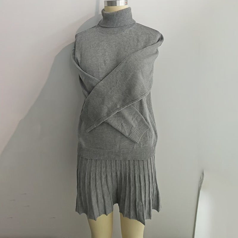 Ribbed Knit Two Piece Set, Long Sleeve Turtleneck Pullover And Mini Skirt Outfit