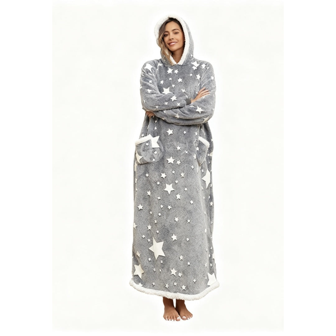 Oversized Wearable Hooded Blanket With Print Glow In The Dark Long Size-59in Sherpa Warm Sweatshirt For Women