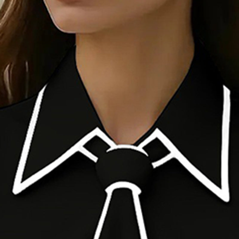 Women's Classic Tie & Lapel Blouse, Long Sleeve Contrast Color Design Shirt For Office And Formal Wear