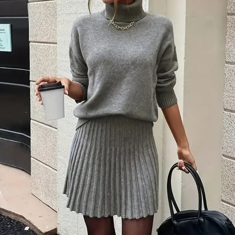 Ribbed Knit Two Piece Set, Long Sleeve Turtleneck Pullover And Mini Skirt Outfit