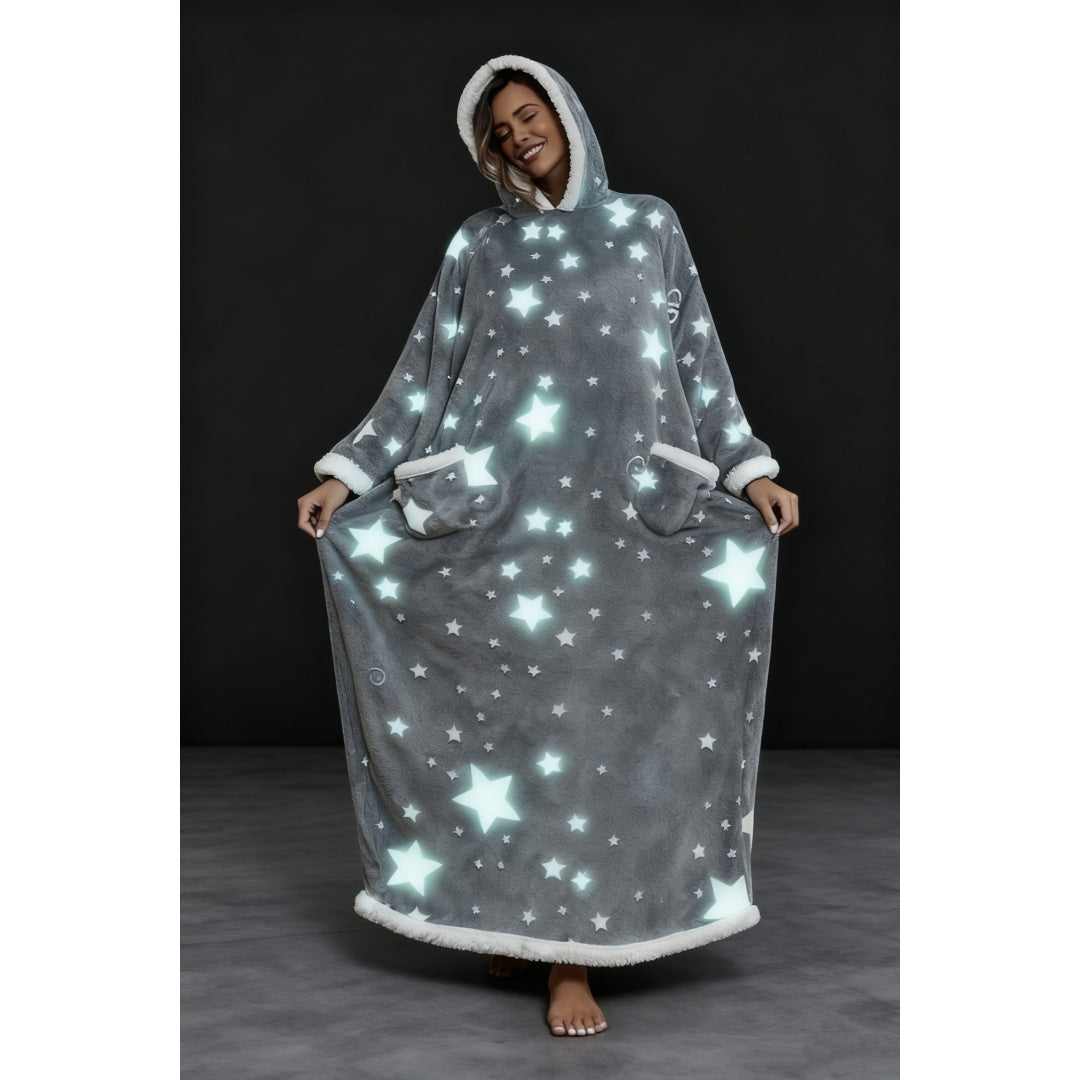 Oversized Wearable Hooded Blanket With Print Glow In The Dark Long Size-59in Sherpa Warm Sweatshirt For Women