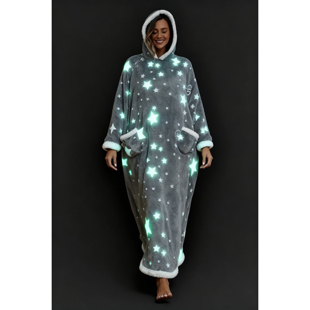 Oversized Wearable Hooded Blanket With Print Glow In The Dark Long Size-59in Sherpa Warm Sweatshirt For Women