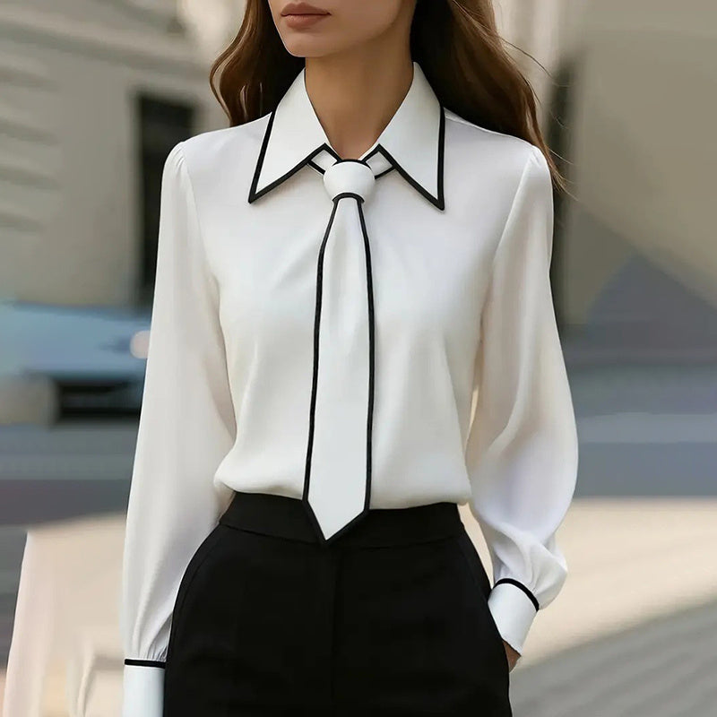 Women's Classic Tie & Lapel Blouse, Long Sleeve Contrast Color Design Shirt For Office And Formal Wear
