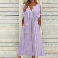 Women's Eyelet V-Neck Maxi Dress Short Sleeve Flowy A-Line Summer Beach Dress