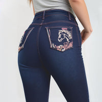 Women's Western Bootcut Jeans With Horse Embroidery, Mid-Rise Stretch Denim With Pink Contrast Stitching, Cowgirl Rodeo Style