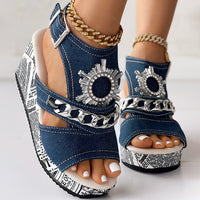 Newspaper Buckle Denim Wedge Slides - Anklet Not Included