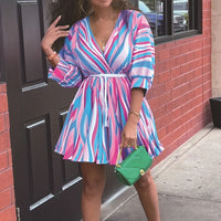 Women's V-Neck Rainbow Stripe Short Dress Three Quarters Sleeve Casual Summer Sundress With Tie Waist
