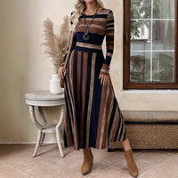 Women's Vintage Maxi Dress, Long Sleeve Crewneck Empire Waist Long Dress, Slim Fit Fall Casual Boho Chic Dress