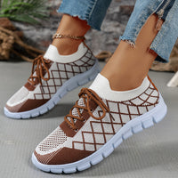 Colorblock Plaid Lace-Up Flyknit Sneakers Ins Mesh Casual Shoes Fashion Breathable Walking Running Sports Shoes For Women