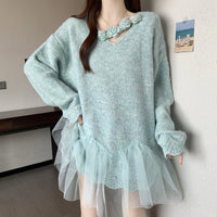 Plus Size Women's Floral Lace Trim Sweater, Long Sleeve Eyelet Knit Top With Decorative Flowers For Autumn And Winter