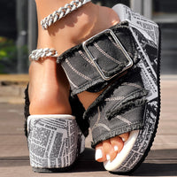 Newspaper Hem Platform Wedge Slides - Anklet Not Included