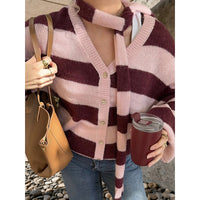 Womens Striped Cardigan Sweaters V Neck Open Front Button Up Color Block Loose Coats With Scarf