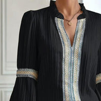 Boho Chic Colorblock Top – Patchwork V-Neck Blouse with Lantern Sleeves