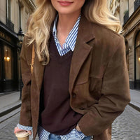 Women's Suede-Look Blazer Jacket, Classic V-Notch Lapel Button Front Coat, Machine Washable Versatile Casual Jacket