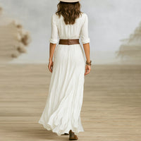 Solid Lapel Belted Maxi Dress – Button Front with Pleated High Slit