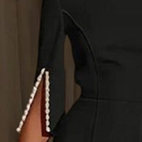 Women's Solid Color Pearl-Embellished Round Neck Dress - Elegant Back Zipper & Slit Sleeve Formal Dress