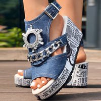 Newspaper Buckle Denim Wedge Slides - Anklet Not Included