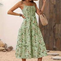 Womens Summer Floral Midi Dress Smocked Spaghetti Strap Sleeveless Tiered Casual Flowy Dresses