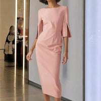 Women's Solid Color Pearl-Embellished Round Neck Dress - Elegant Back Zipper & Slit Sleeve Formal Dress