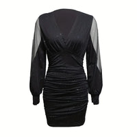 Women's Sexy Deep V-Neck Ruched Bodycon Mesh Long Sleeve Sparkling Party Cocktail Dresses