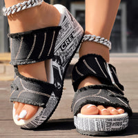 Newspaper Hem Platform Wedge Slides - Anklet Not Included