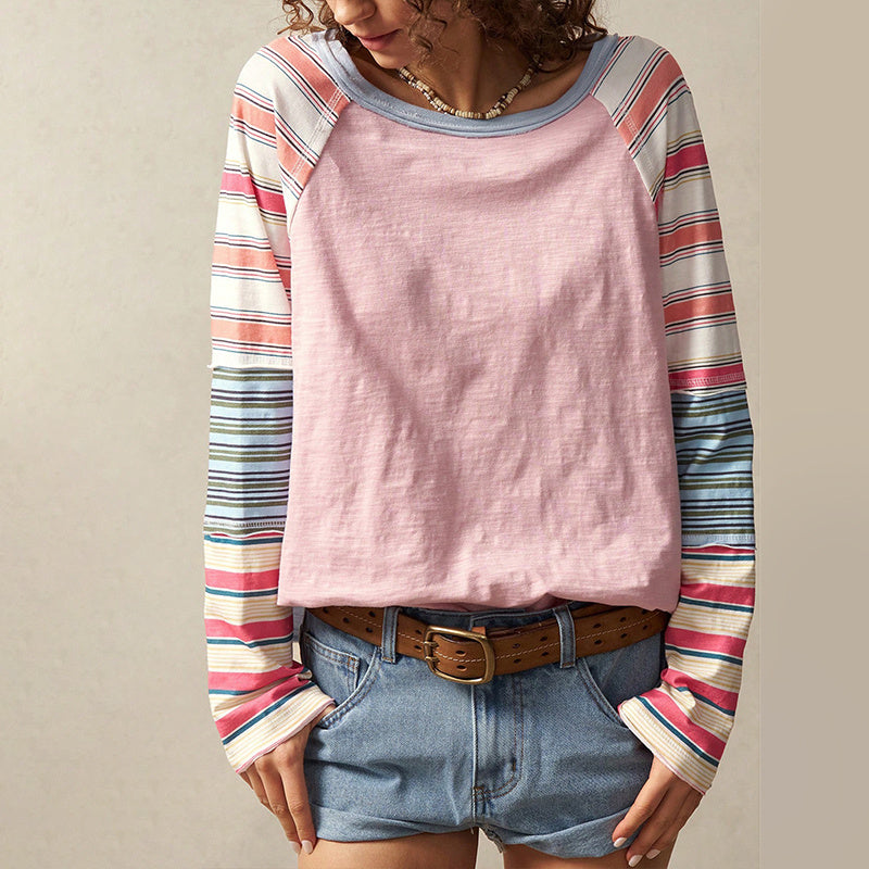 Striped Patchwork Long Sleeve Top – Round Neck Pullover