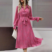 Women's Long Sleeve V Neck Button Down Belted A-Line Flowy Midi Shirt Dress